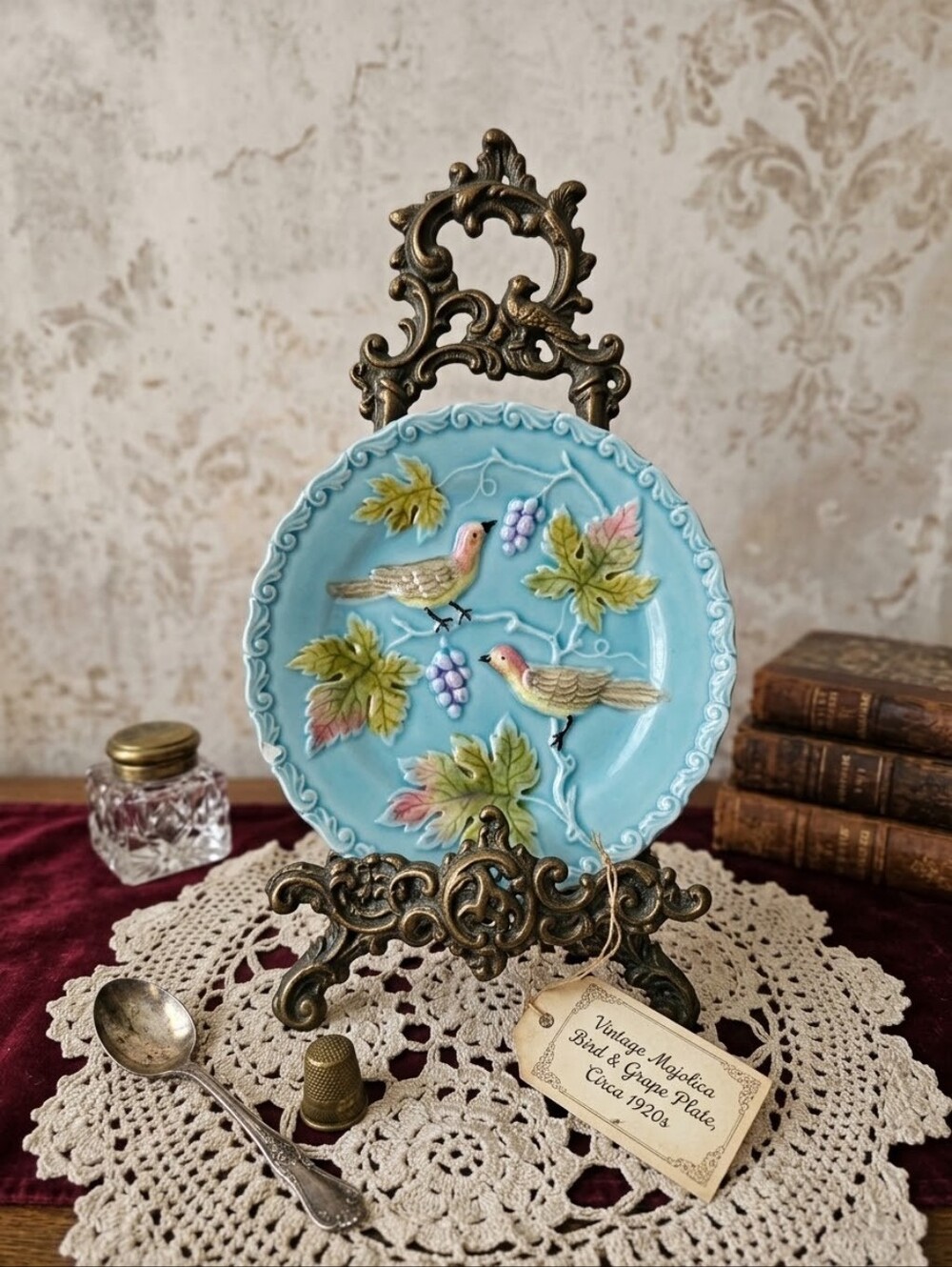 Antique German Majolica Relief Plate Turquoise Birds & Grapes 280